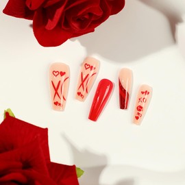 Valentine's Day Press on Nails Long Length Love Heart Red Lips False Nails with Design Red French Square Fake Nails Artificial Acrylic Nails Full Cover Coffin Nails, Glue on Nails for Women 24Pcs