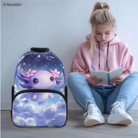 Wiryuouvt Ttar Axolotl Bookbag and Lunch Box Set for Girls Ages 5-11 School Bag Primary Kindergarten Middle Lightweight Kids Backpack Pencil Case Portable Water Bottle Holder 4Pcs Set 17 inch