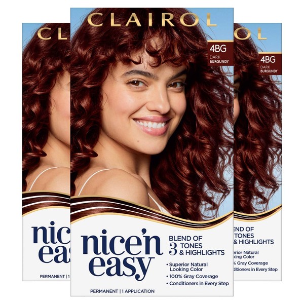 Clairol Nice'n Easy Permanent Hair Color, 4BG Natural Dark Burgundy, 3 Count