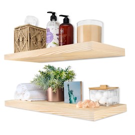 Sorbus Wood Floating Shelves for Wall - 24” Solid Wood Shelves for Bathroom Decor, Books, Bedroom & Living Room - Set of 2 Natural Wall Mounted Kitchen Shelves - Durable Solid Pine