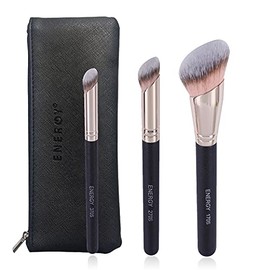 ENERGY Kabuki - Juego de 3 brochas de maquillaje profesional para aplicar polvos de base, corrector, bronceador, mezcla con base de crema líquida, polvos minerales, con bolsa de poliuretano