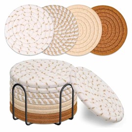 8 Pcs Coasters for Drinks with Holder, Coasters for Coffee Table, Absorbent Coasters, Cotton Woven Coasters for Table Protection, Coasters for Wooden Table, Living Room Decor, 4 Colors (Coffee Series)