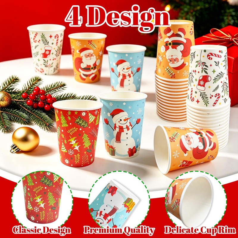60 Pcs Christmas Paper Cups Disposable, 9 oz Xmas Coffee