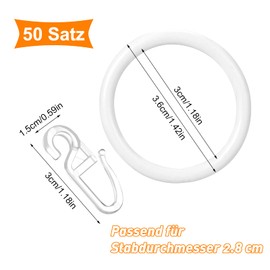 Heyu-Lotus Pack of 50 Metal Curtain Rings Curtain Hanging Rings and 50 Pieces Plastic Curtain Hooks for Window Door Shower Curtains, 30 mm Inner Diameter