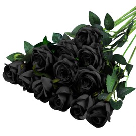 Hawesome 12PCS Artificial Silk Flowers Realistic Roses Bouquet Long Stem for Home Wedding Decoration Party (Black)