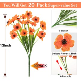 MERIXMAS 20 Bundles Fall Flowers Artificial for Decoration Outdoors, Fake Flowers Faux Plants Silk Colorful Daisy Eucalyptus Realistic UV Resistant for Garden Patio Porch Box Home Decor, Orange