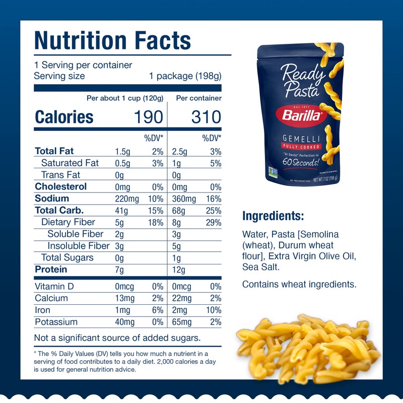 Barilla Ready Pasta, Fully Cooked Gemelli Pasta, Non-GMO & Kosher,