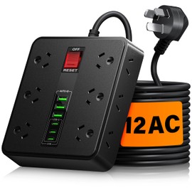 Powerboard USB Surge Protector - 18IN1 Power Board with 3 USB C & 3USB, 12 Outlet Power Strip with 1.9M Extension Cord, Wall Mountable 2500W Surge Protection and Overload Switch for Home & Office