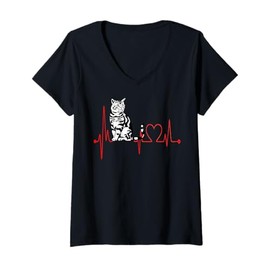 Womens Tabby Cat Heartbeat EKG Funny Cats & Kitten Lovers V-Neck T-Shirt