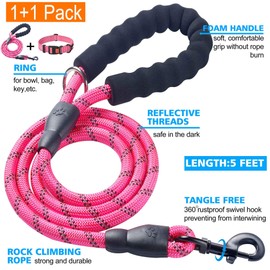 Ladoogo Heavy Duty Dog Leash - Comfortable Padded Handle, 5 ft Long - Dog Leashes for Small Medium Large Dogs (Leash+Collar L Neck 20"-25", Pink)