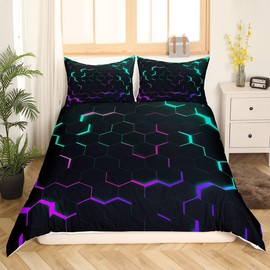 Homewish Honeycomb Single Duvet Cover Set, Neon Teal Purple Pink Comforter Cover for Girls Women, Colorful Glowing Geometric Bedding Sets Hexagon Black Bedding With Zipper, Microfibre Soft