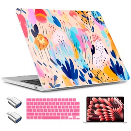 TWOLSKOO Compatible with M4 MacBook Air 15 inch Case 2025-2023 Released Model M4 A3241 M3 A3114 M2 A2941, Plastic Hard Shell & Screen Protector & Keyboard Cover &Type C Adapter, Bright Abstract Floral