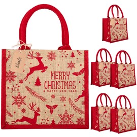 FOLIATE 6PCS Reusable Christmas Gift Bags Medium Size - Jute Christmas Tote Bags with Handles, Multiuse Christmas Bags for Gifts Wrapping Shopping Holiday Party Supplies Xmas Gift Bags, 10.5"x9.5"x6"