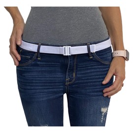 "Tights Up" Soft, stretchy, comfortable, flat buckle belt. Adjustable, non-slip backing (belt loops unneeded). Wear with tights/leggings/jeans/uniforms (white)