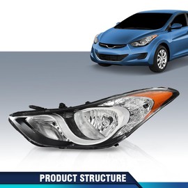 PIT66 Headlight Assembly Front Headlamp Left Side Compatible with Hyundai Elantra 2011 2012 2013, Fit for w/Factory Halogen Headlight Model Only Clear Lens Chrome Housing Amber Reflector
