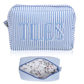 Sunnymove Empty Mahjong Bag Thickened American Mahjong Tiles Bag with Zipper Storage Pouch for Board Game Pieces Game Party Travel Gatherings Accessories, 10.4''x5.6'', Case Only (Tiles,Striped Blue)