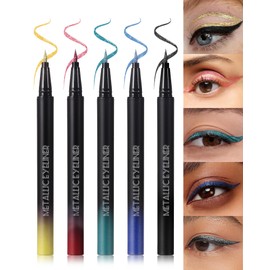 5 Color Glitter Liquid Eyeliner Kit- Shimmery Gold, Blue, Green, Red, Black Metallic Sparkling Eye Liner Pens- Waterproof,Smudge-Proof, Fine Tip, All-Day Wear Colorful Eyeliner Women Makeup Gift-Set B