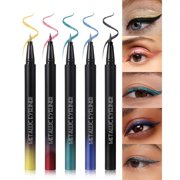 5 Color Glitter Liquid Eyeliner Kit- Shimmery Gold, Blue, Green,