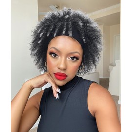 WIGER Short Afro Bouncy Curly Headband Wig Kinky Curly Wigs with Headbands Attached Afro Coily Headband Wigs Ombre Gray Synthetic Afro Wigs(T1B/0906#)