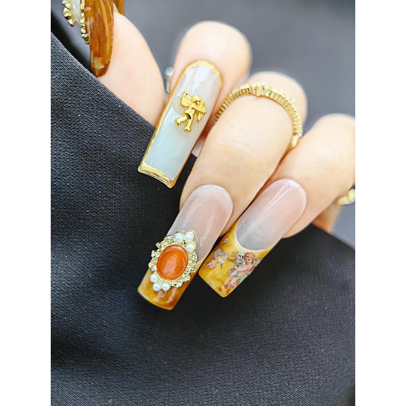 Long Square Coffin Acrylic Fake Nails with Gold Flower，3D Handmade