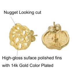Gold nugget earrings for men Nugget earring Cookie Nugget Stud Earrings Gold Plated Stud Earrings 14k Gold Plated Round Rough Textured Gold plated earrings For Women Unisex(M)