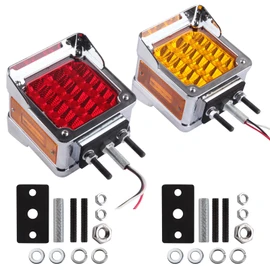 2Pcs Double Face Square LED Fender Pedestal Turn Signal Lights Amber/Red 39 LED w/Chrome Visor Square Truck Trailer Fender Stop Tail Turn Signal Lights w/Side Reflex Marker Driver and Passenger Side