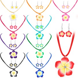 Nosiny 10 Sets Hawaiian Plumeria Rubra Earrings Necklace Set Tropical Flower Dangle Earrings Hibiscus Jewelry Luau Beach Party Accessories for Women Boho Summer Gifts