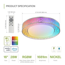 ASD 16 Inch Smart RGBW Flush Mount Ceiling Light with Remote - Brushed Nickel 28W 120V 2700-6500K Dimmable Ceiling Light Fixture, WiFi App Control RGB Lights, Alexa & Google Assistant - ETL