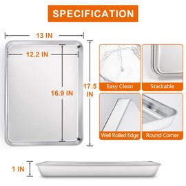Large Baking Sheet, E-far 18”x13” Stainless Steel Cookie Sheet Pan for Oven with 50 Parchment Paper, Rectangle Metal Baking Tray for Roasting, Rust Free & Heavy Duty, Dishwasher Safe-2 Pack