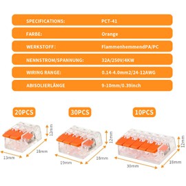Pack of 60 Cable Connectors, Cable Clamps with Actuation Lever, 4 mm² Conductor Clamp, Electronic Connection Blocks, Connection Clamp Can Be Combined for Fixed Cable 2-3-5 Conductors