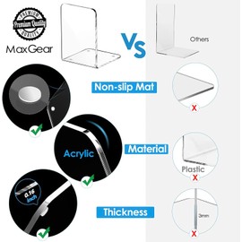 MaxGear Bookends Acrylic Book Ends for Shelves Clear Decorative Bookends Non-Skid Heavy Duty Bookend Book Holders/Stoppers (2 Pair/4 Pieces, Large)