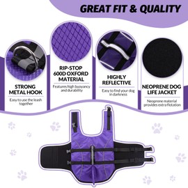 Queenmore Small Dog Shark Life Jacket,Dog Life Vest for Swimming Boating Kayaking,High Buoyancy Puppy Dog Life Preserver,Reflective Light Dog Lifesaver with Strong Rescue Handle (Purple,S)
