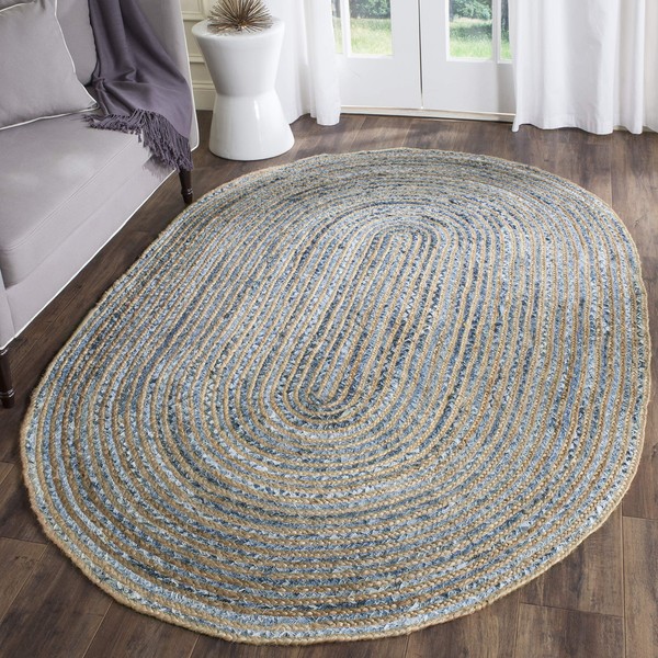 Safavieh Cape Cod Collection CAP250A Hand Woven Natural and Blue Jute Oval Area Rug (3' x 5')