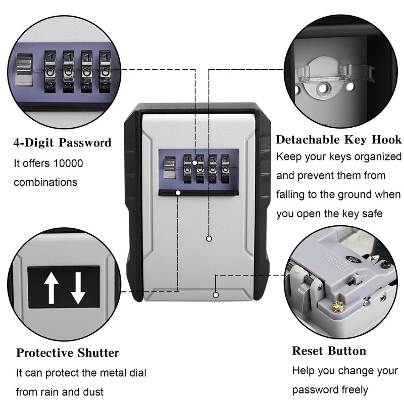 Wall Mounted Key Safe with Combination Code, Weatherproof Key Safe