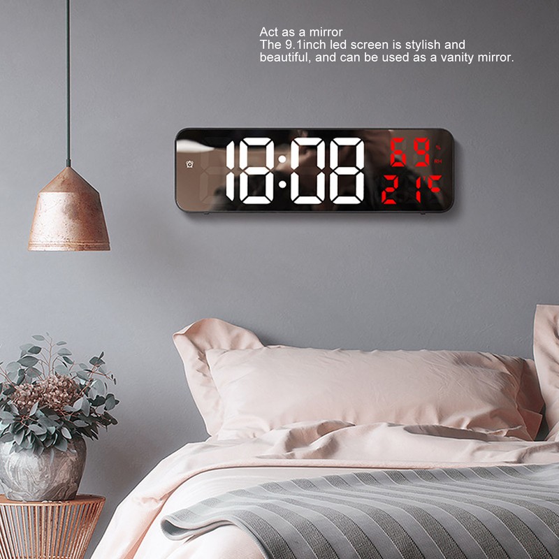 LED 9.1in Mirror Clock Multifunctional Digital Alarm Date Humidity Clock