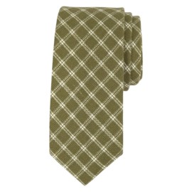 BEDFORD BROOME Mens Linen Tie Green White Check 2.75 Slim Narrow Summer Necktie