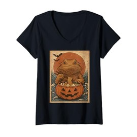 Womens Funny Spooky Bearded Dragon Pumpkin Japanese Ramen Noodles V-Neck T-Shirt