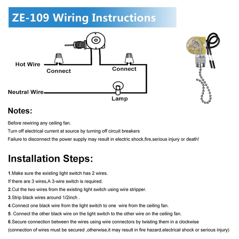 Zing Ear ZE-109 Ceiling Fan Light Replacement Switch, 3 Pack