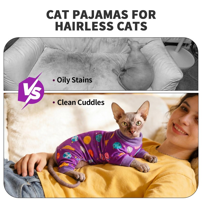 OUOBOB Sticky Hair Cat Clothes, Anti-Shedding Cat Pajamas, Purple S
