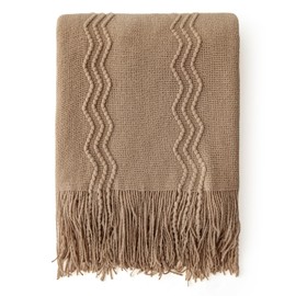 MIULEE Tan Taupe Knitted Throw Blanket for Couch Textured Knit Blanket with Tassels Cozy Woven Boho Bed Blanket for Sofa Bed Chair Acrylic Wave Pattern 50"x60"