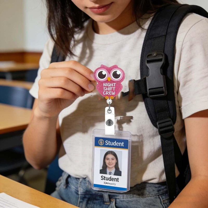 Cute ID Badge Reel Pink Owl Badge Holder with 360°Claw