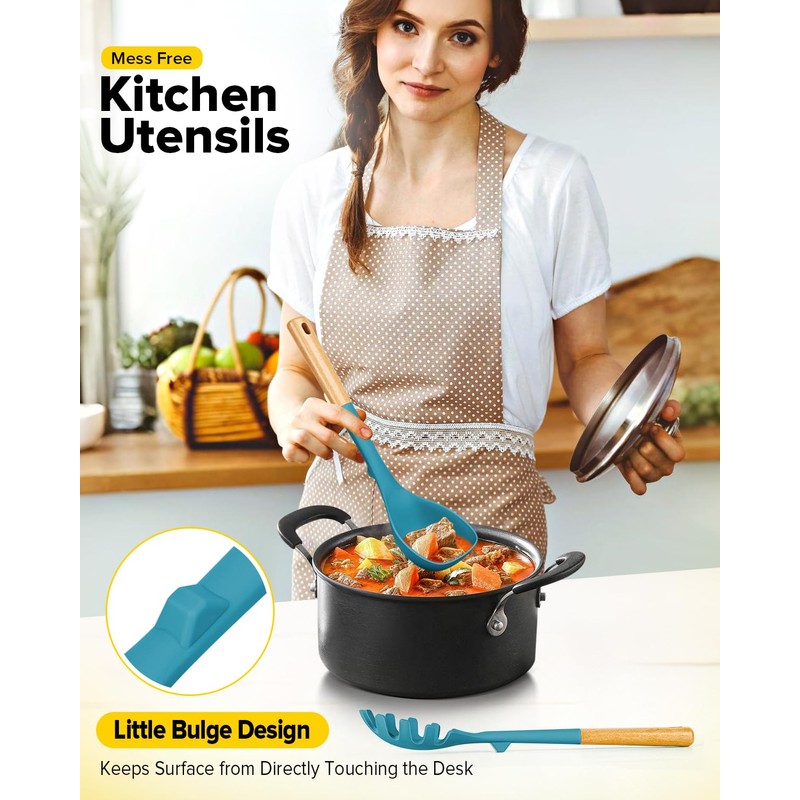 Silicone Soup Ladle and Spaghetti Spoon Set with Wooden Handle,