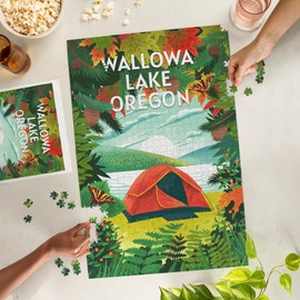 Wallowa Lake, Oregon, Get Outside Series, Tent Camping, Fall Colors (1000 Piece Puzzle, Challenging Jigsaw Puzzle for Adults, Made in USA)