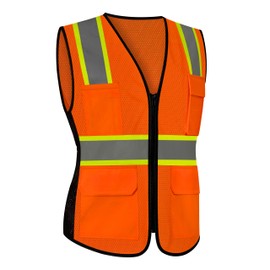 LIZMOF Orange Construction Vest for Women, High Visibility Reflective Vest, Neon Work Wear with Pockets and Zipper, Durable, ANSI Compliant, Orange, XS