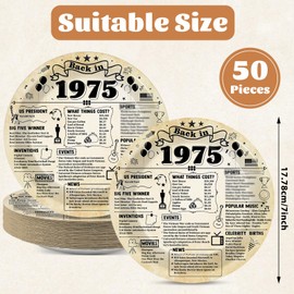 50Pcs 50th Birthday Party Plates 7-in Back in 1975 Theme Supplies Vintage 50 Year Old Themed Paper Dessert Plates Dinnerware Vintage 1975 Themed Tableware Set for 50 Guests Birthday Party Decorations