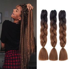 Ombre Kanekalon Braiding Hair, 3 Pack Ombre Jumbo Braiding Hair Extensions, 24 Inch Jumbo Braid Synthetic Hair for Braiding (Black/Dark Brown)