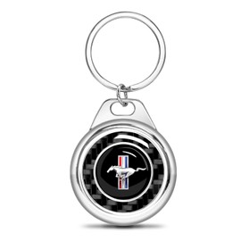 iPick Image for Ford Mustang Tri-Bar Real Black Carbon Fiber Chrome Roundel Metal Case Key Chain
