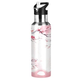 Qilmy Japanese Cherry Blossom Vacuum Insulated Water Bottle with Straw Lid 22oz Double Wall Stainless Steel Sports Water Bottle for Travel Sport, Hot Cold, BPA-Free
