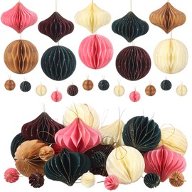 TecUnite 50 Pcs Honeycomb Paper Christmas Tree Ornaments Boho 3D Mini Glitter Edge Paper Honeycomb Hanging Ornament Neutral Vintage Xmas Tree Decoration Holiday Party New Year Decor(Boho)