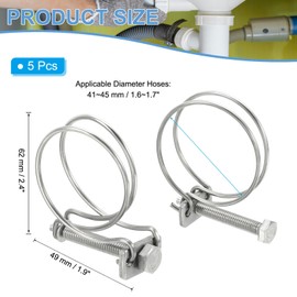 PATIKIL 41-45mm Adjustable Double Wire Hose Clamp, 5 Pcs 304 Stainless Steel Wire Hose Clips Pipe Tube Clamps for Dust Collection Rubber PVC Pool Pump Hose
